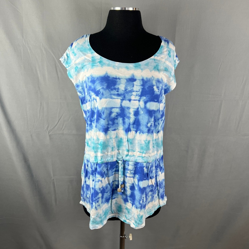 Faded Glory Tunic Top Womens Large Blue White Tie Dye Cinched Waist Cap Sleeve